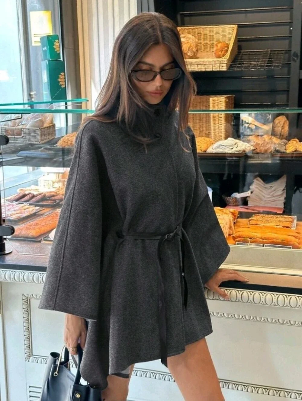 Women's Elegant High Collar Batwing Sleeve Cinched Waist Waist Wool Blend